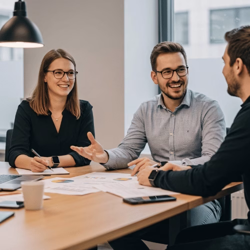 Gemeinsam erfolgreiche PPC Kampagnen entwickeln Drei Marketingexpert:innen entwickeln gemeinsam eine PPC Kampagne mit Budget- und Keyword-Strategie – HAI Strategies (Symbolbild)