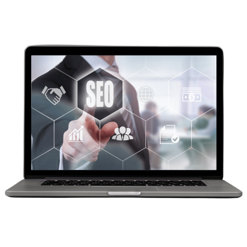 Professionelle Suchmaschinenoptimierung digital umgesetzt Laptop mit digitalen Symbolen und dem Wort SEO – Symbolbild für professionelle Suchmaschinenoptimierung